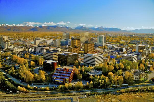 Anchorage aerial with city and the Chugach