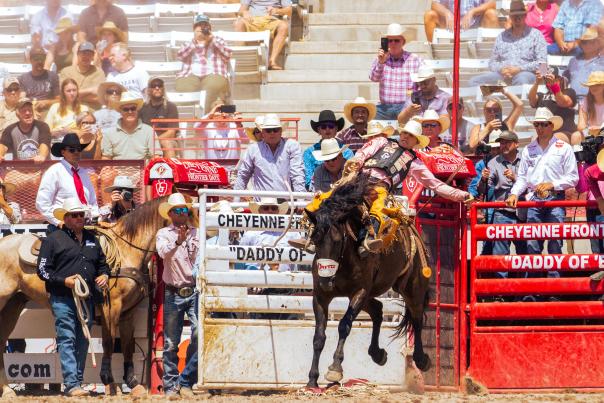 Brody Cress riding saddle bronc at Cheyenne Frontier Days