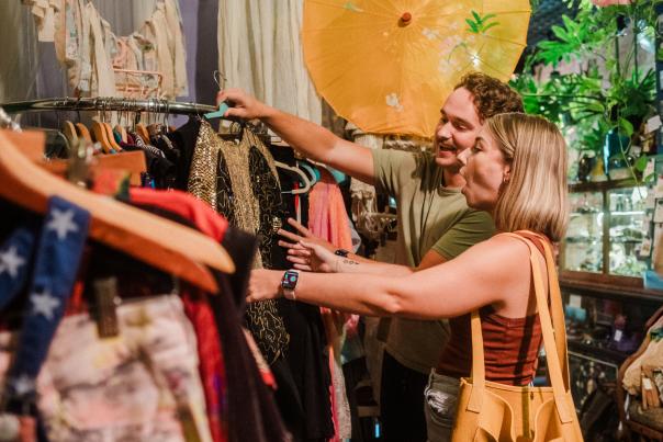 A couple goes vintage shopping in Downtown San Marcos, Texas