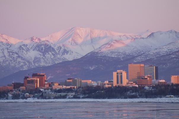 Alpenglow shot of Anchorage in the winter