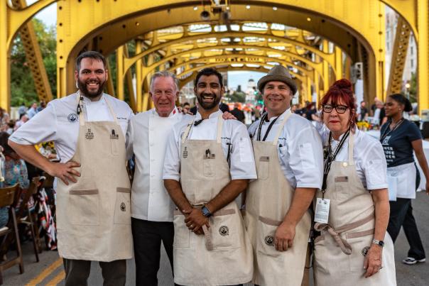 Chefs of the 2018 Tower Bridge Dinner (L-R): Brad Cecchi, Jeremiah Tower, Ravin Patel, Ed Roehr, Kathi Riley Smith