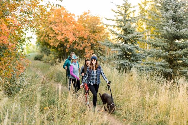 group of adults hiking with a dog on leash
