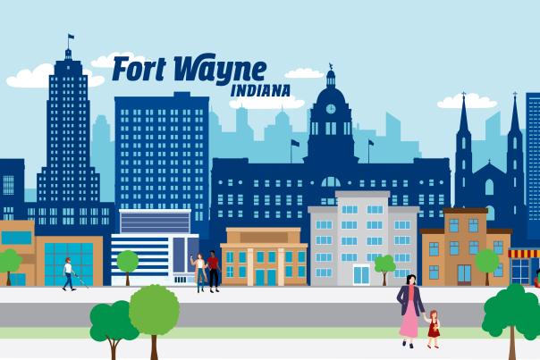 Fort Wayne Skyline illustration showing diverse people walking, biking, and enjoying the city
