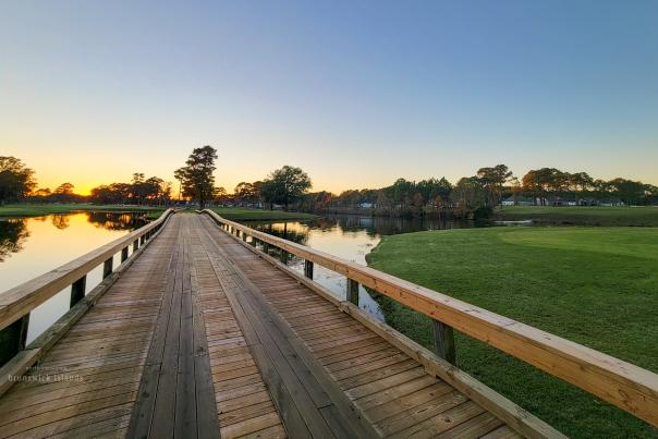 a wooden bridge over a body of water on a golf course @ Byrd course at Sea Trail Golf Resort