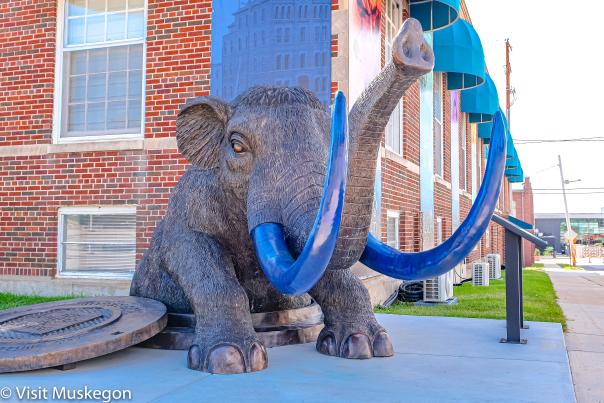 A sculpture of a mastodon, featuring prominently in in front of the Muskegon Museum of History and Science with buildings in the background. The sculpture is marked by realistic textures and a striking contrast between its gray body and blue tusks.