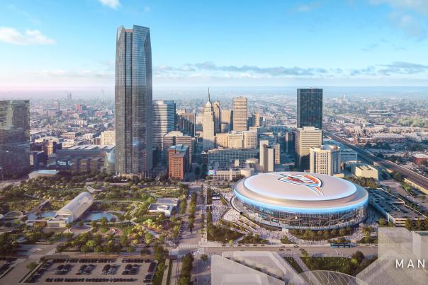 A rendering of the exterior of OKC's new sports arena