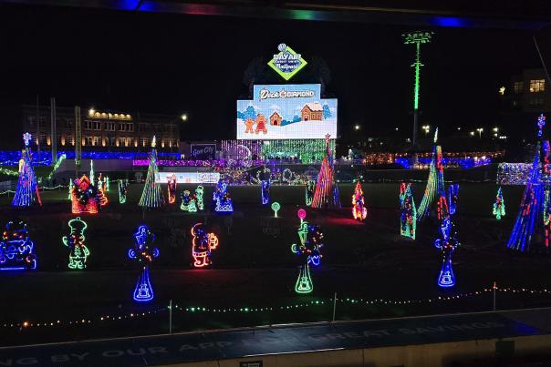 A view of Deck the Diamond holiday lights at Day Air Ballpark