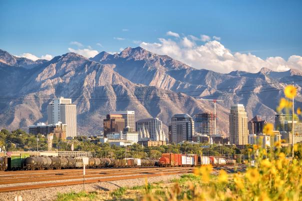 Salt Lake City Skyline in the summer with train