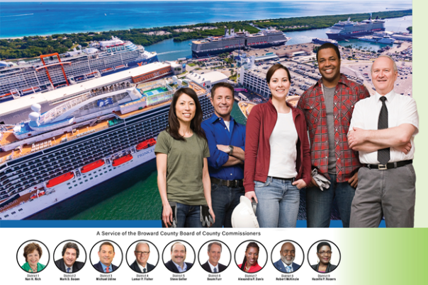 Five people representing careers in the maritime industry against backdrop of cruise ships in port with headshots of commissioners.