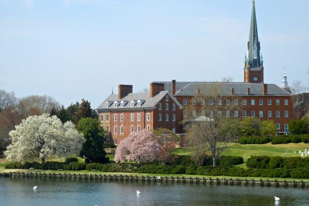 Charles Carroll House and St. Mary's Church from Spa Creek, Annapolis, Maryland