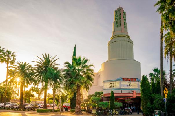 Tower theater with a sunset in the background