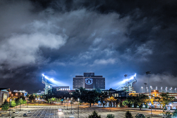 Jordan-Hare Staidum at night with blue tint