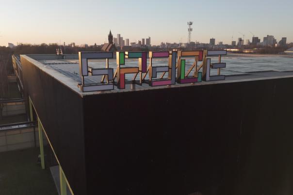 Space Studios building with Manchester skyline