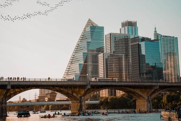 Austin skyline with birds. Credit Grace Kim. Exp Oct 2026.