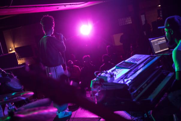 Rapper and poet, Mama Sol, performs at the Flint Local 432 in Flint, Michigan.