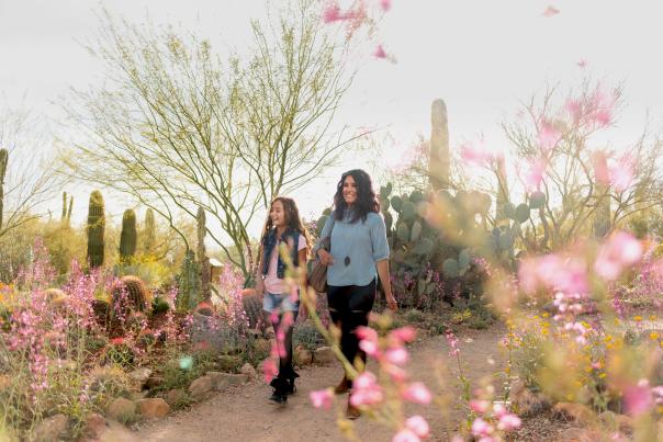 A mother and daughter walking together in the blooming desert