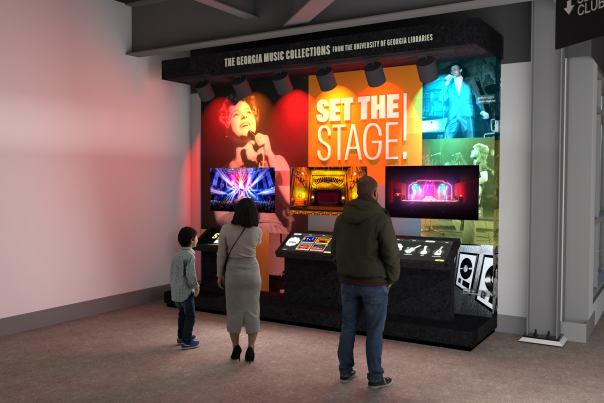 A rendering of three people looking at a museum-style display about music.