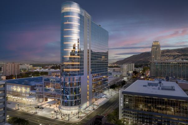 Hyatt Regency hotel attached to the Salt Palace Convention Center and surrounding area at twilight