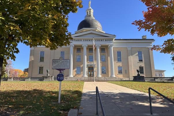 Historic Marker of Susan B Anthony in front of the Ontario County Courthouse.