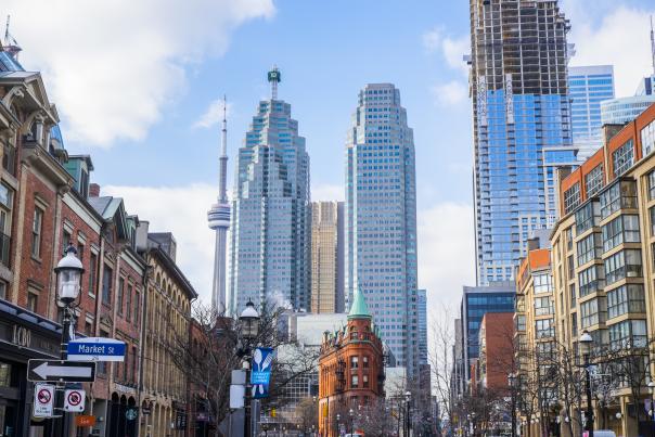 A view of the city skyline and Gooderham & Worts building from the Old Town neighbourhood on Front Street