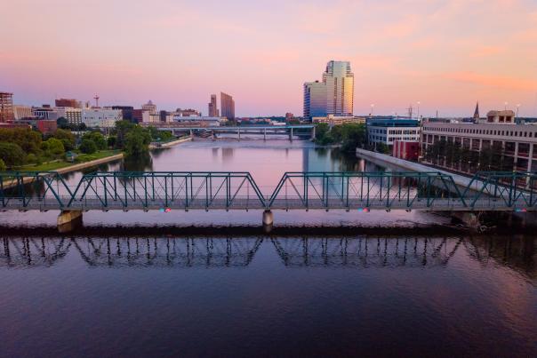 Skyline photo via drone. North Grand Rapids facing south. Fall, 2018