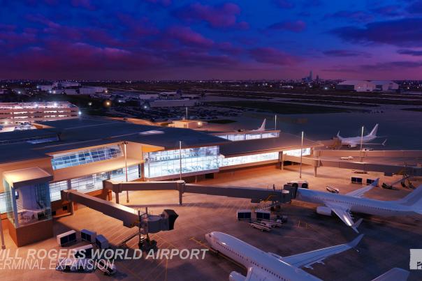 The Will Rogers World Airport Terminal lights the way as travelers come and go from OKC.