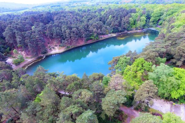 Aerial view of the Blue Pool in Dorset credit DroneMagic