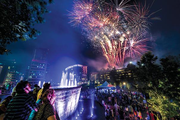Fireworks over The Fountains at Waterway Square