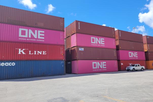 Cargo containers line Florida International Terminal yard at Port Everglades.