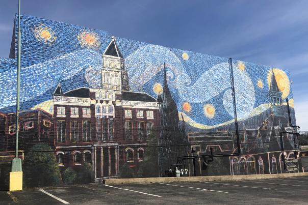 Clarksville mural in the style of Van Gogh's Starry Night