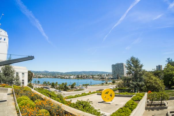 View of Lake Merritt from the garden of the Oakland Museum of California.