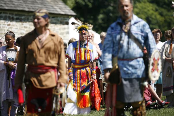 Performers in Native American dress at the Roasting Ears of Corn Festival