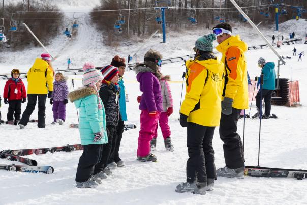 A group of kids learn to ski at Shawnee Mountain in the Poconos.