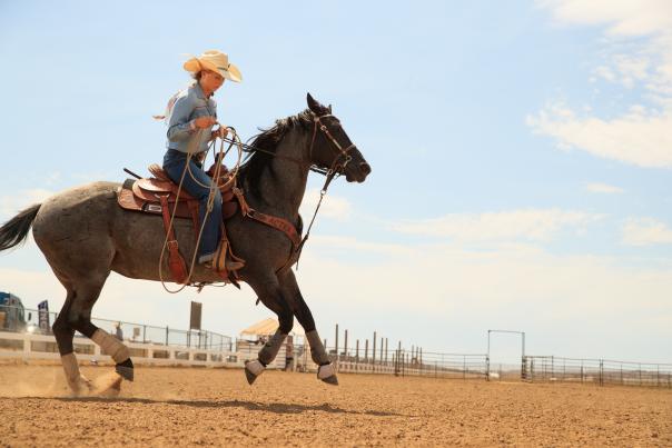 A rodeo cowboy in a wide-brimmed hat, long-sleeve shirt, jeans, and boots rides a horse inside an arena during a rodeo event