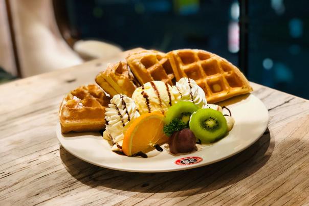 Waffles with ice cream and fruit