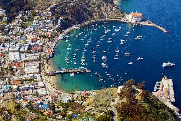 Aerial view of Avalon and the harbor on Catalina Island