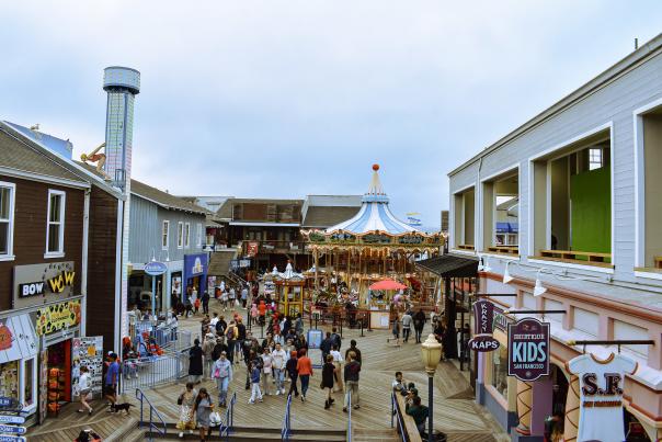 View of shopping and dining at Pier 39