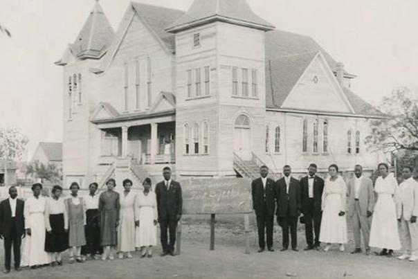 Photo of group in front of the Historic First Baptist Church.