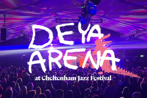 Image shows an arena of people at an event with Deya Arena at Cheltenham Jazz Festival