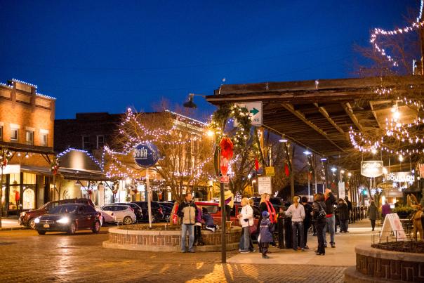 Omaha's Old Market Entertainment District brightly decorated with Christmas lights.