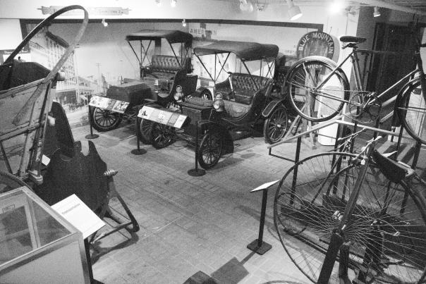 Black and white photo of duryea cars at berks history center