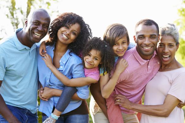 Family reunion, mom and dad with adult children and grandchildren