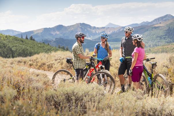 Group of mountain bikers standing and resting on trail