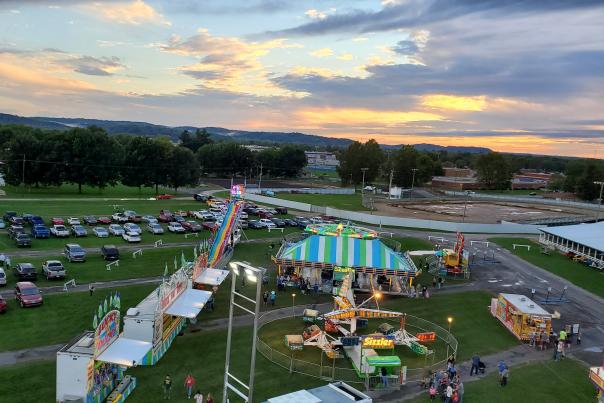 Aerial image of the Fall Foliage Festival at the Morgan County Fairgrounds, where it has relocated due to downtown construction for the 2025 and 2026 festivals.