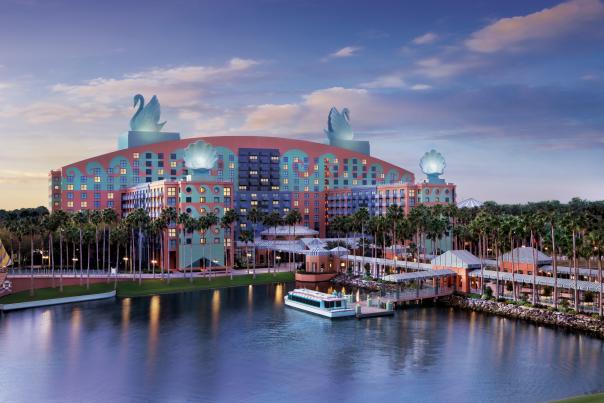 Walt Disney World Swan and Dolphin Resort exterior with lake