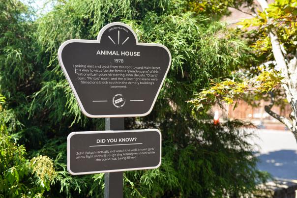 A sign with information about the movie Animal House filmed nearby.