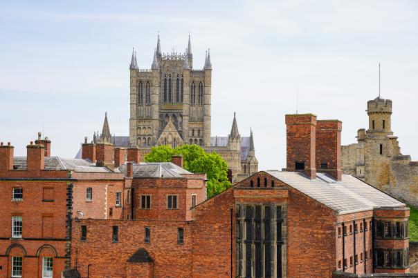 The view of Lincoln Cathedral, from the Medieval Wall Walk at Lincoln Castle.
