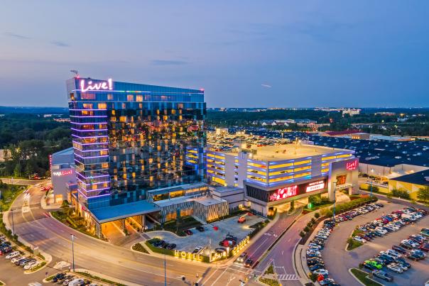 A sunset shot of Live! Casino & Hotel