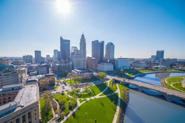 Downtown Columbus skyline during the spring