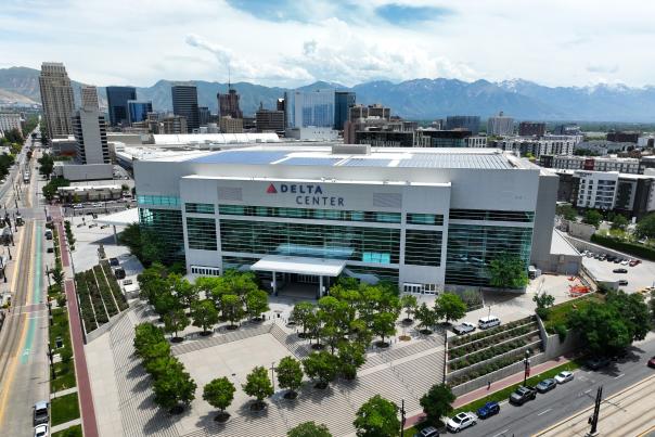 West entry of the Delta Center showing a skyline view in downtown Salt Lake City